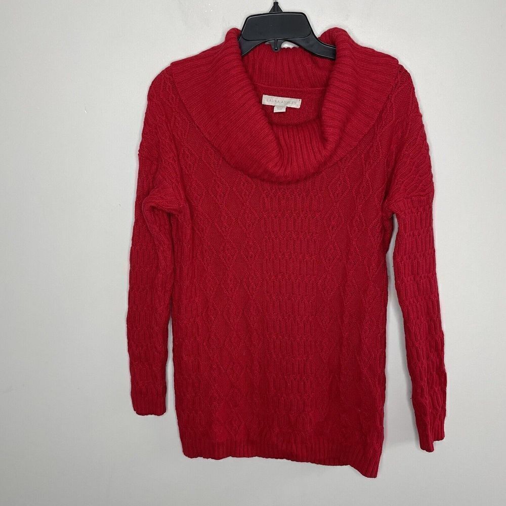 LAURA ASHLEY Womens Red Cowl-Neck Pullover Tunic Sweater Medium M Cotton-Wool